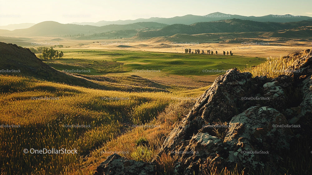 Scenic Landscape with Rolling Hills and Golden Fields