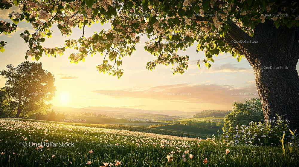 Blossoming Tree Overlooking a Serene Countryside at Sunset