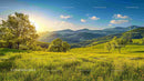 Sunset Over Lush Green Hills and Scenic Meadow