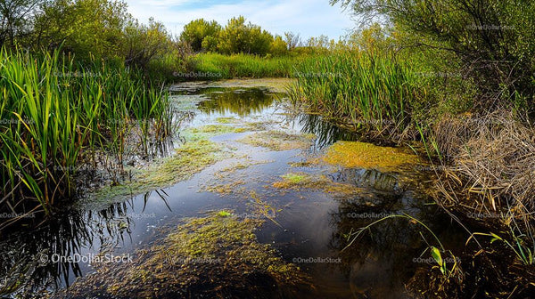 Serene Wetland Scene with Lush Greenery and Calm Waters