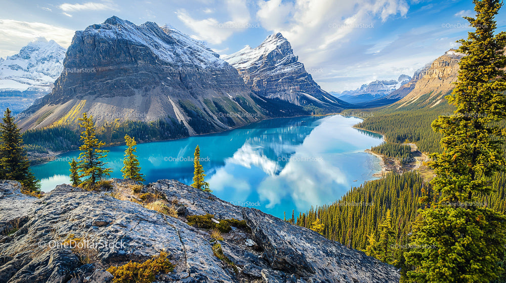 Scenic Mountain View over Turquoise Lake and Pine Forest