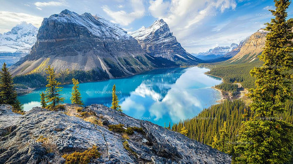 Scenic Mountain View over Turquoise Lake and Pine Forest