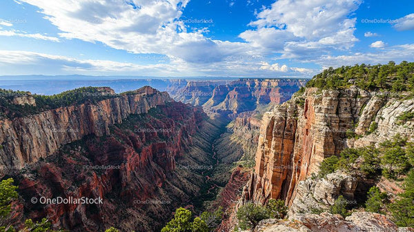 Majestic Grand Canyon with Red Rock Formations and Pine Trees