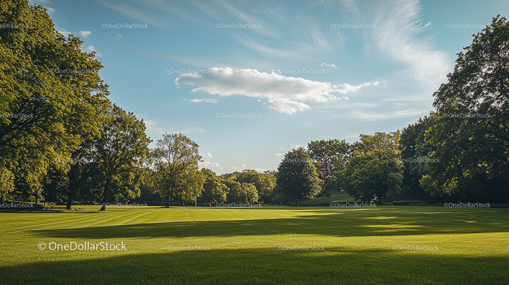 Sunny Day in a Lush Green Park with Clear Blue Sky