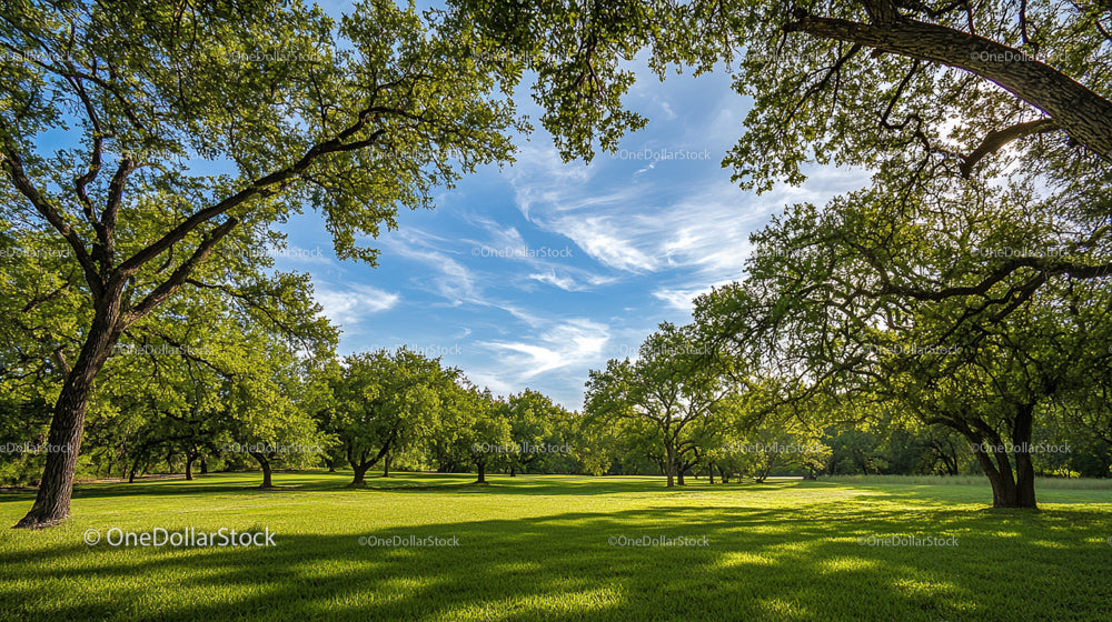 Tranquil Park with Sunlit Oak Trees and Clear Blue Sky