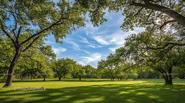 Tranquil Park with Sunlit Oak Trees and Clear Blue Sky