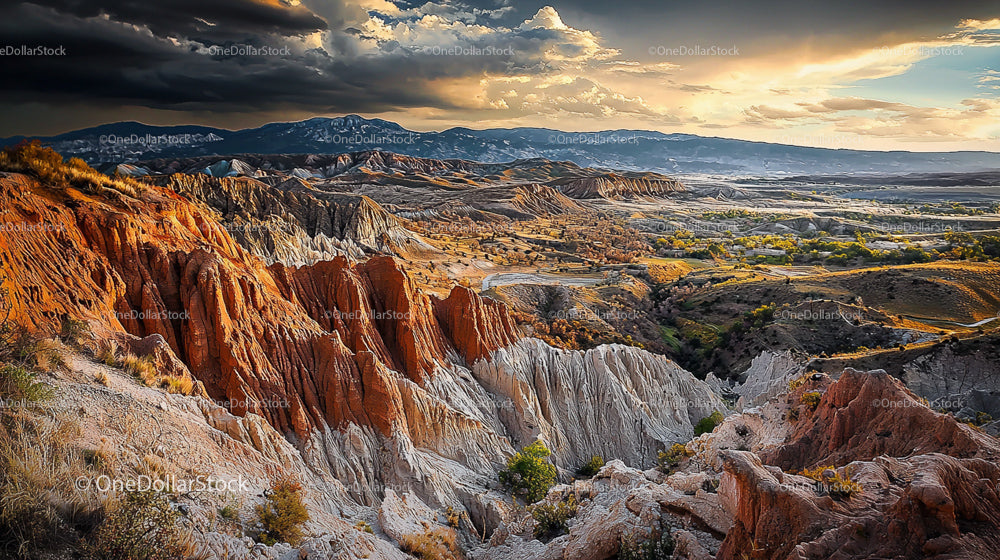 Dramatic Canyon Landscape at Sunset with Colorful Cliffs