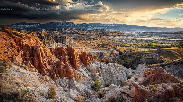Dramatic Canyon Landscape at Sunset with Colorful Cliffs