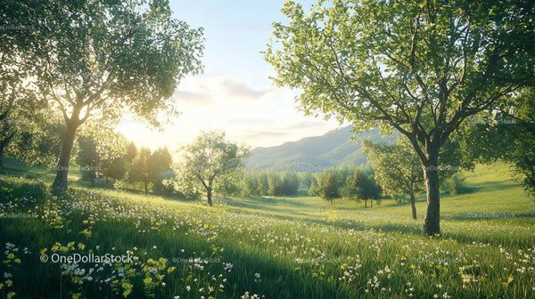 Idyllic Green Meadow with Sunlit Trees and Rolling Hills