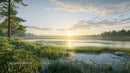 Serene Sunrise Over a Tranquil Lake with Lush Vegetation