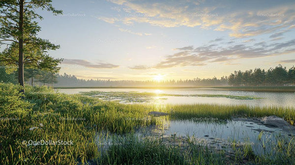 Serene Sunrise Over a Tranquil Lake with Lush Vegetation