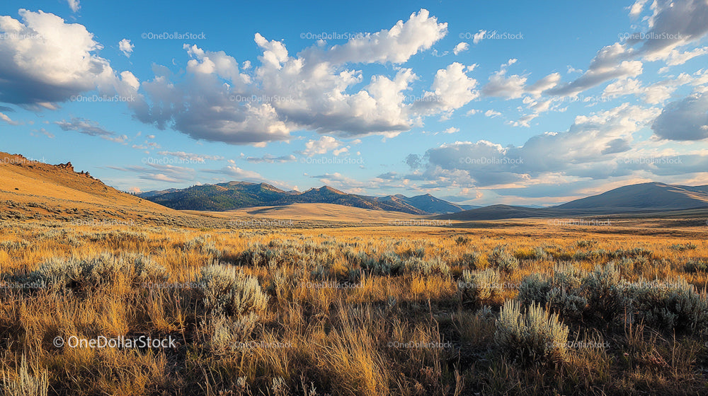 Golden Meadow with Majestic Mountain Backdrop