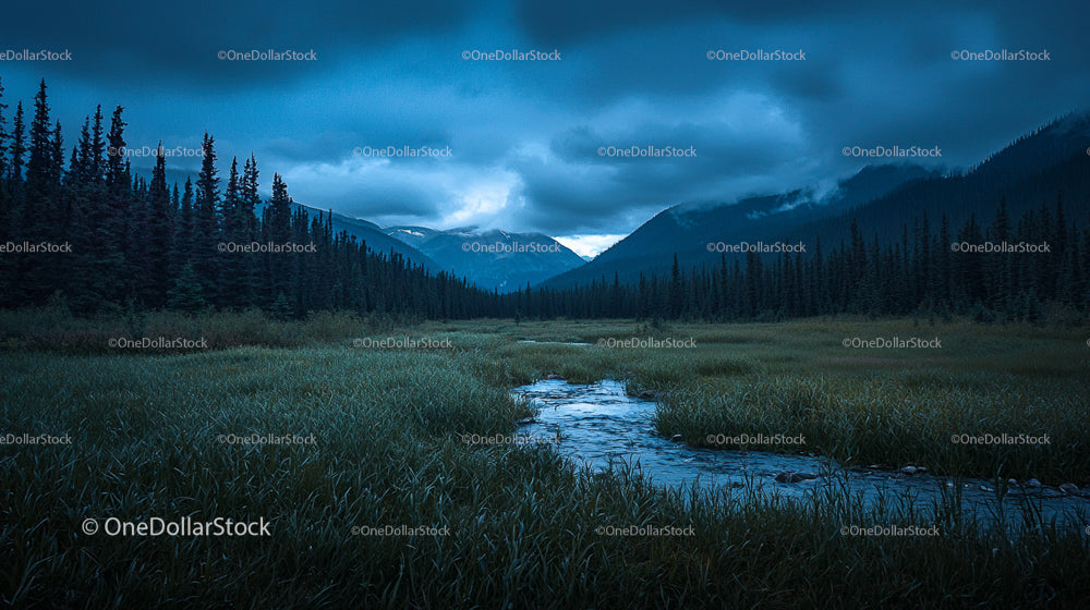 Idyllic Meadow with Stream and Dramatic Mountain Backdrop
