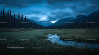 Idyllic Meadow with Stream and Dramatic Mountain Backdrop