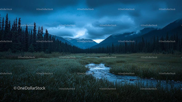 Idyllic Meadow with Stream and Dramatic Mountain Backdrop