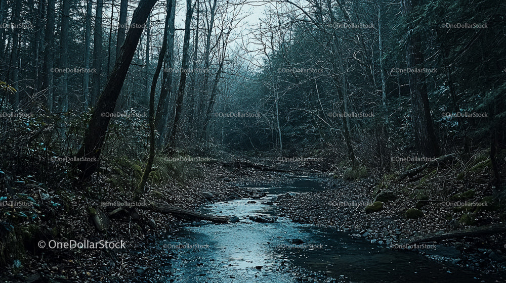 Tranquil Creek Flowing Through Misty Forest in Autumn