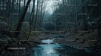 Tranquil Creek Flowing Through Misty Forest in Autumn
