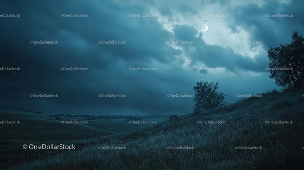 Serene Moonlit Countryside Landscape Under Cloudy Night Sky