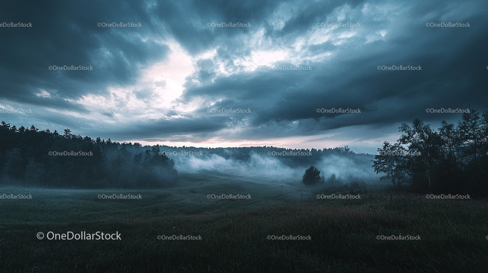Misty Morning Over a Lush Green Landscape with Foggy Trees