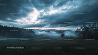 Misty Morning Over a Lush Green Landscape with Foggy Trees