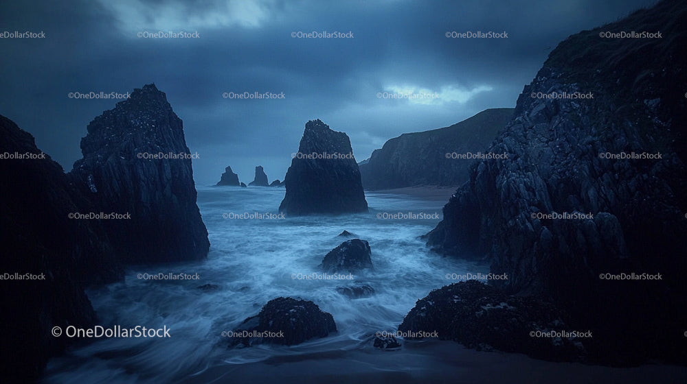 Dramatic Coastal Cliffs with Stormy Ocean Waves at Twilight
