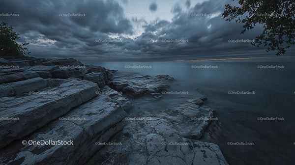 Dramatic Rocky Shoreline Under Stormy Evening Skies