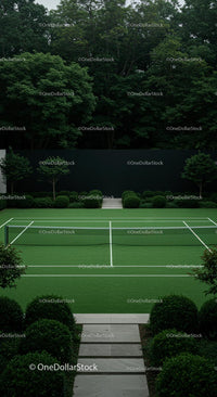 Lush Green Tennis Court Surrounded by Trees