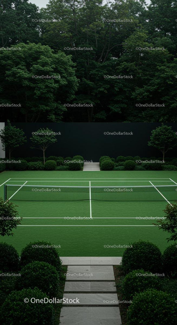 Lush Green Tennis Court Surrounded by Trees