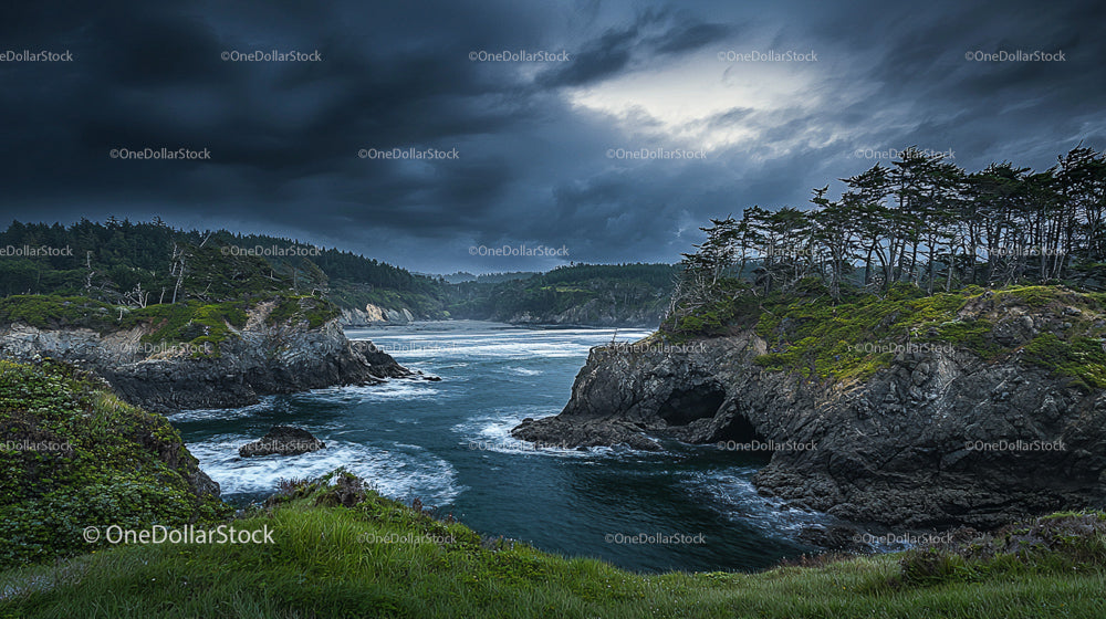 Dramatic Coastline with Stormy Skies and Rugged Cliffs