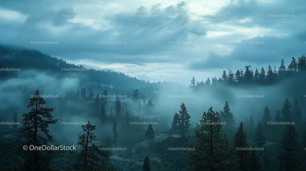 Misty Pine Forest in a Serene Mountain Landscape