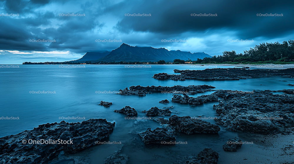 Dramatic Coastal Scene with Moody Skies and Rocky Shoreline