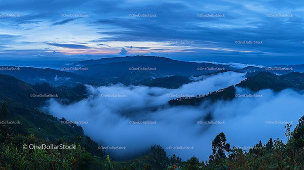 Zapierająca dech w piersiach mglista poranna panorama górskiego krajobrazu