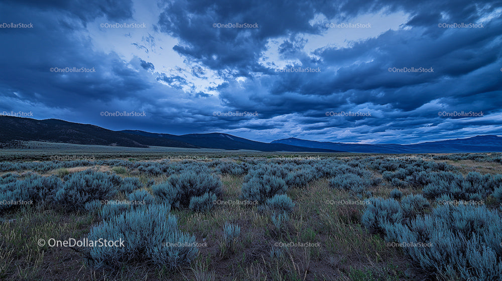 Dramatic Sky Over Sagebrush Field and Mountain Range