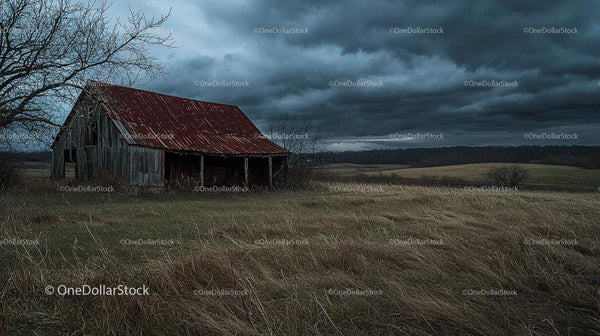 Rustic Barn in a Stormy Field under Dramatic Skies
