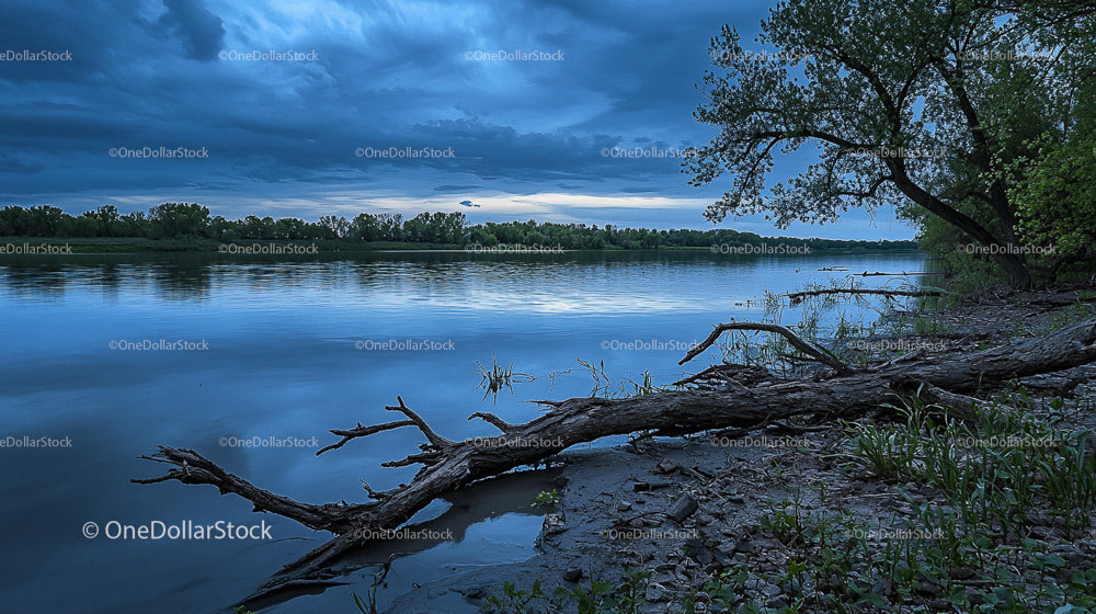 Tranquil Lake with Dramatic Sky and Fallen Tree at Dusk
