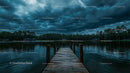 Dramatic Stormy Sky Over Wooden Pier and Serene Lake
