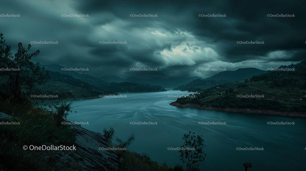 Dramatic Storm Clouds Over a Serene River Landscape