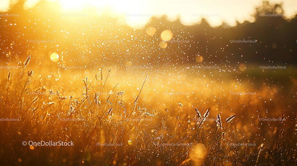 Morning Dew Sparkles in Sunlit Golden Field