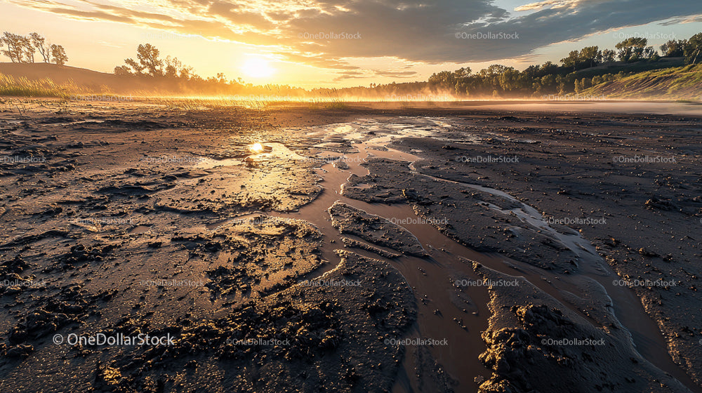 Golden Sunset Over a Muddy Riverbank with Dramatic Sky