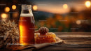 Rustic Honey Beer and Honeycomb on Wooden Table