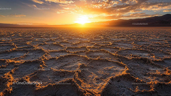 Golden Sunset Over Cracked Desert Landscape