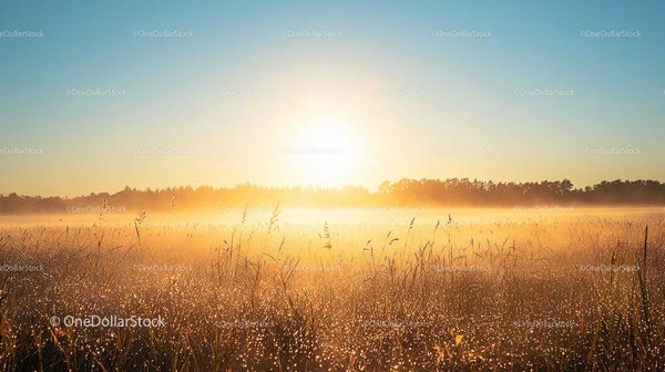 Golden Sunrise Over Misty Meadow with Dewdrops