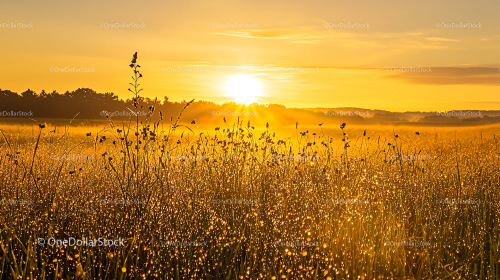 Golden Sunrise Over a Dew-Kissed Field
