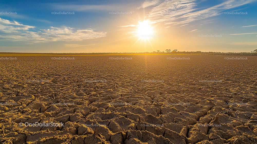Golden Sunset Over Cracked Arid Landscape