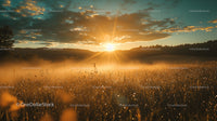 Golden Sunrise Over Misty Field with Dew