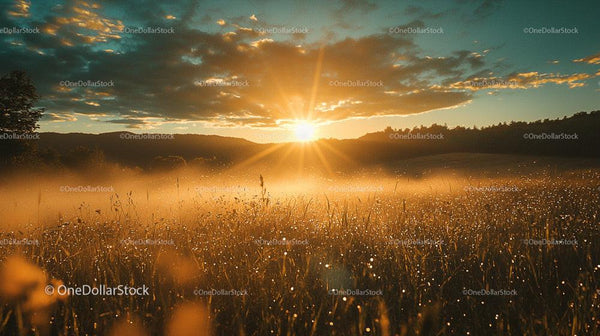 Golden Sunrise Over Misty Field with Dew