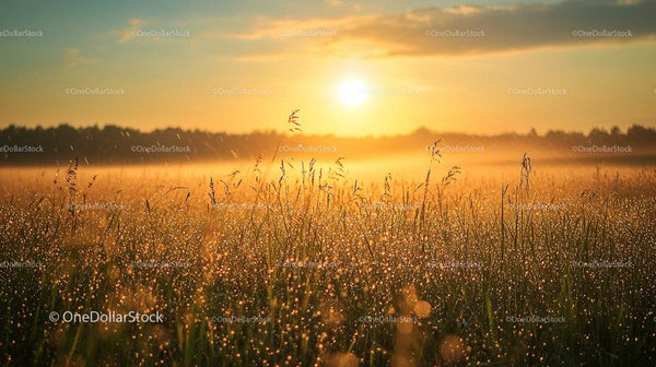 Serene Sunrise Over Dew-Kissed Misty Field