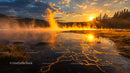 Golden Sunrise Over Misty Hot Springs in Forested Landscape