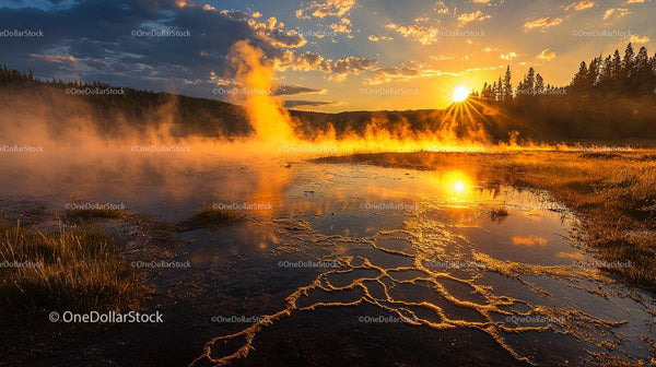 Golden Sunrise Over Misty Hot Springs in Forested Landscape