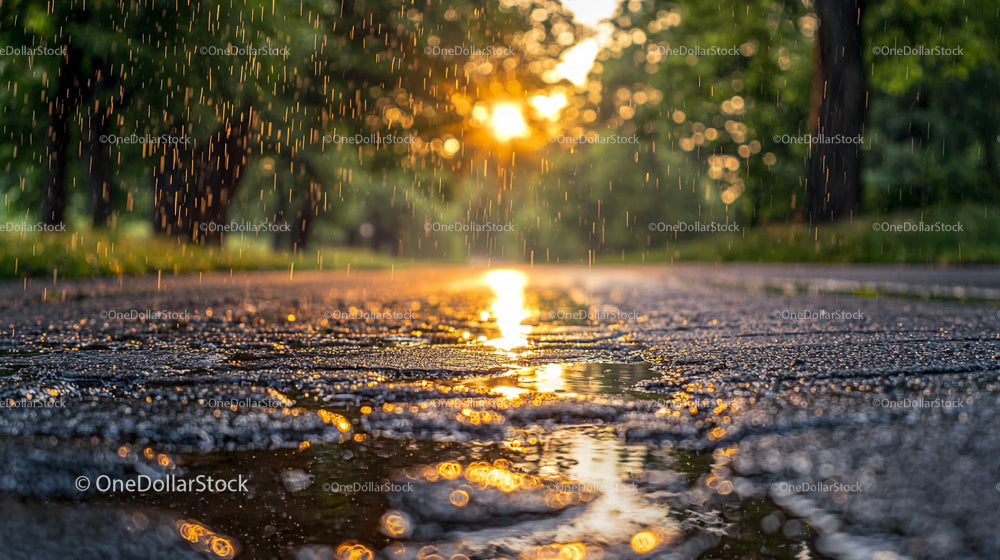 Rainy Evening Path with Golden Sunlight Reflection